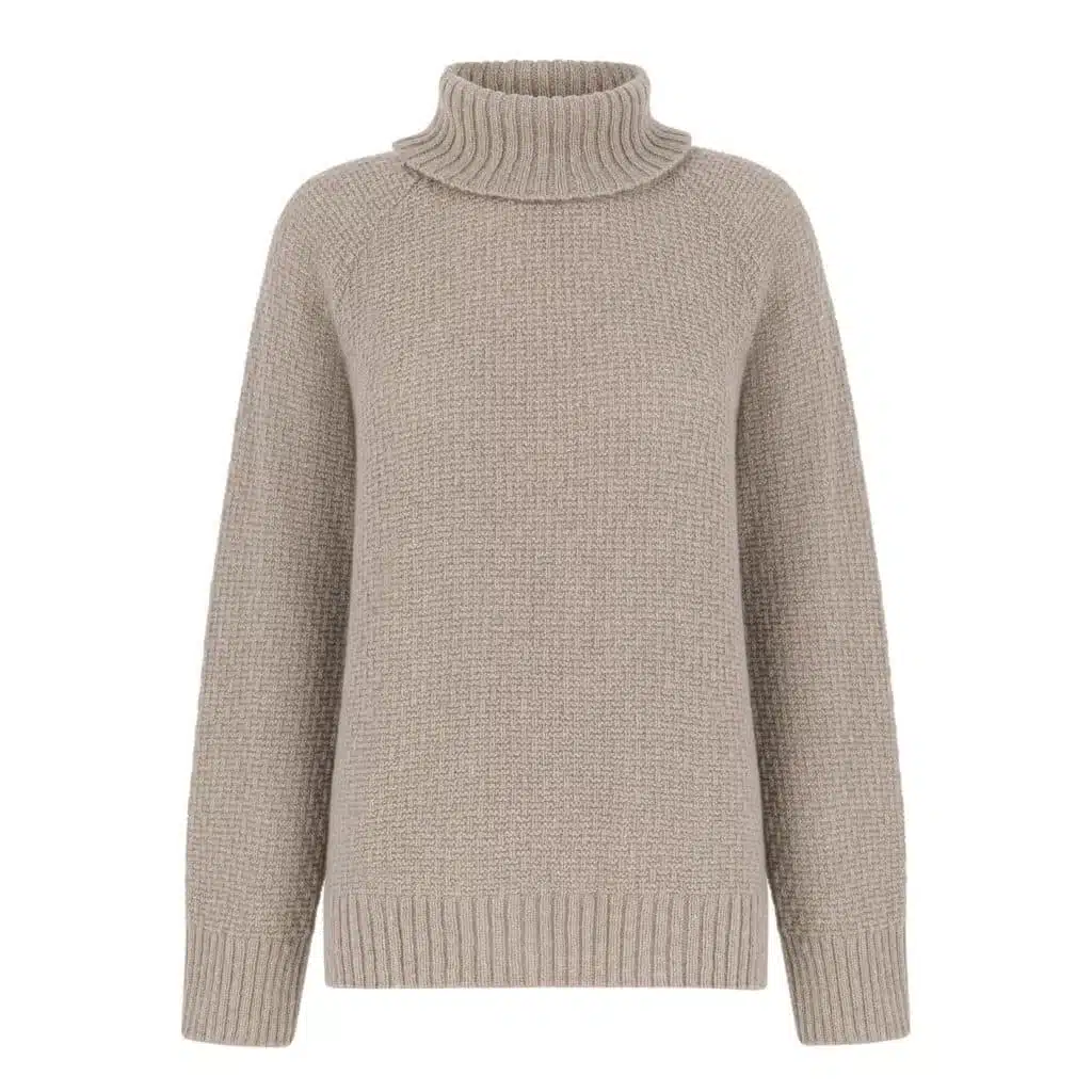 Ręcznie robiony na drutach golf z merynosa taupe ESSENTIAL No 1 - widok z przodu